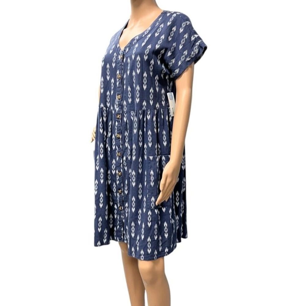 PEYTON & PARKER Blue & White Ikat Print Linen Summer Dress Button Up Sz XS NWT